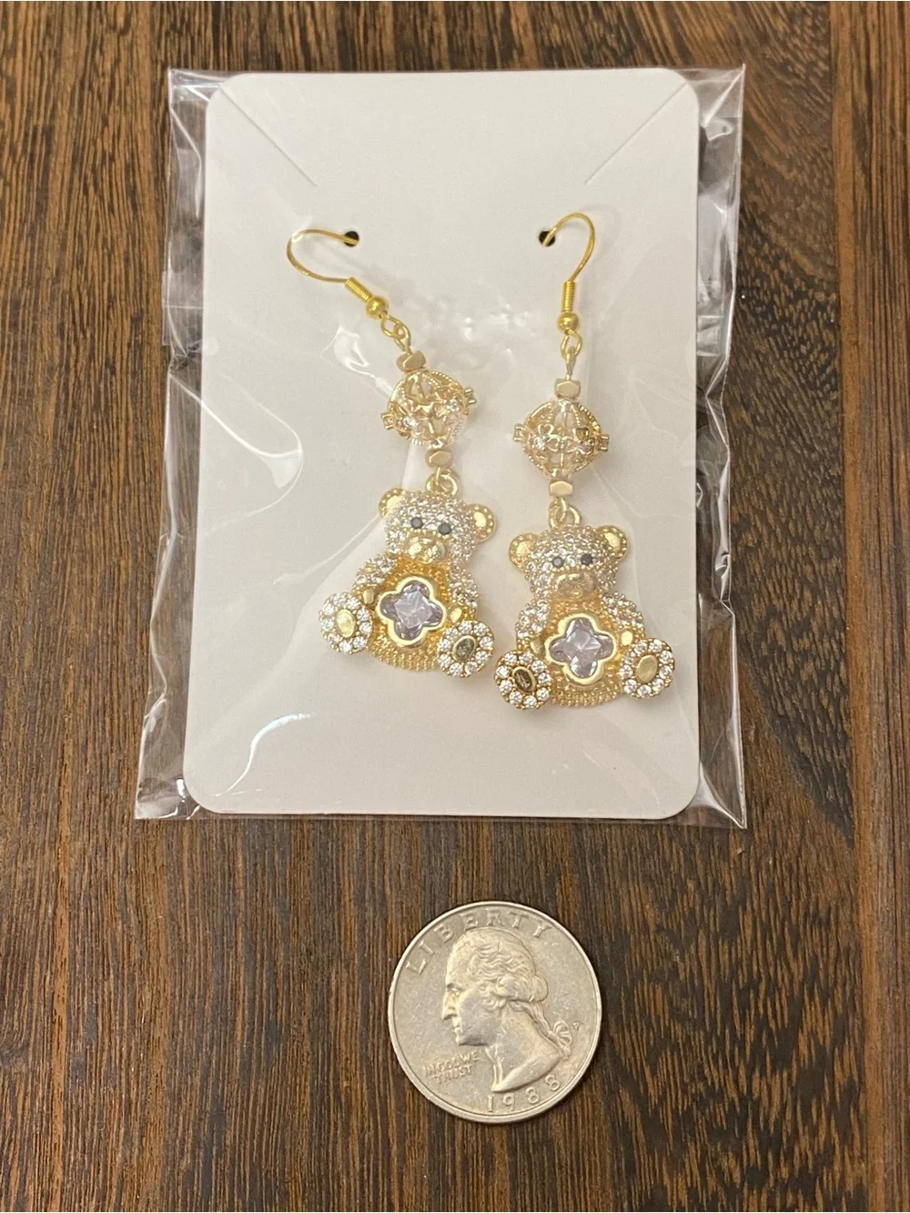 Jenny Leigh Rhinestone Gold Tone Teddy Bear Dangle Earrings NWT